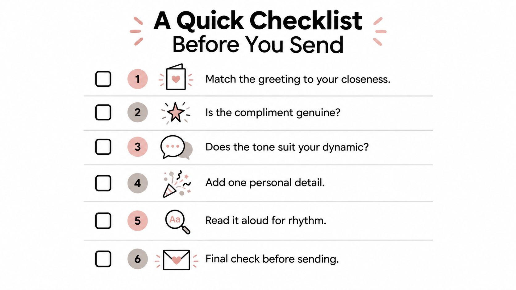 A checklist titled A Quick Checklist Before You Send with six points to improve personal messages.