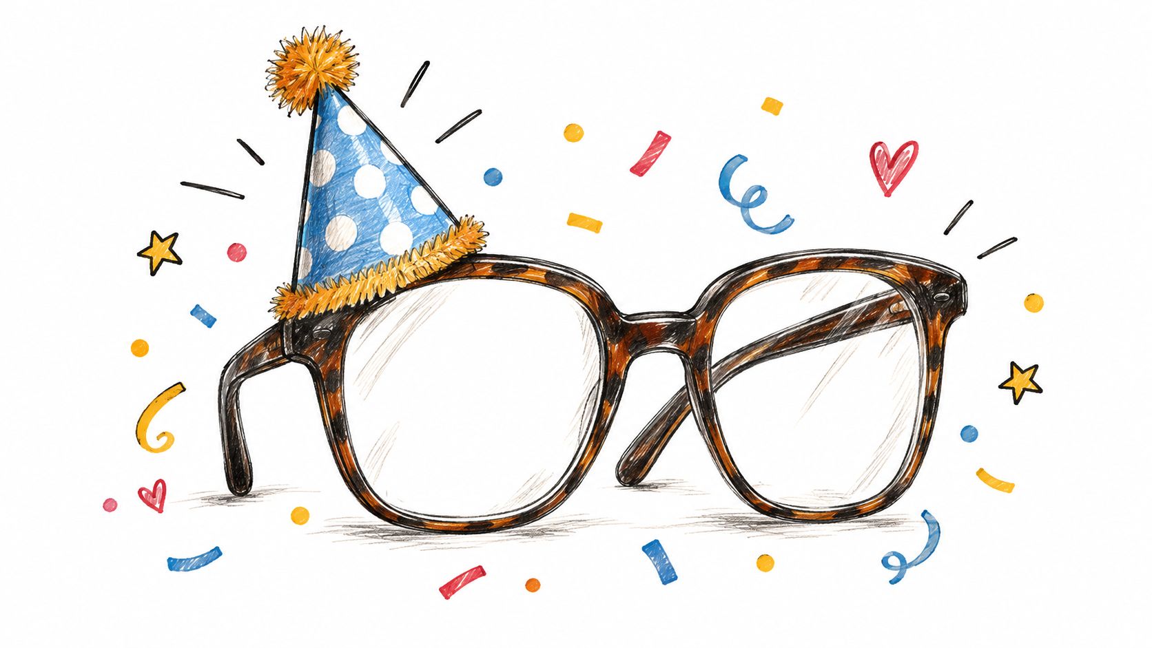 A pair of tortoise shell glasses wearing a blue polka dot party hat surrounded by colorful confetti.