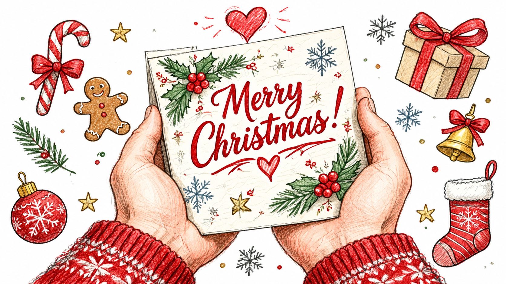 A person wearing a festive red sweater holding a hand-drawn Christmas card surrounded by holiday illustrations.