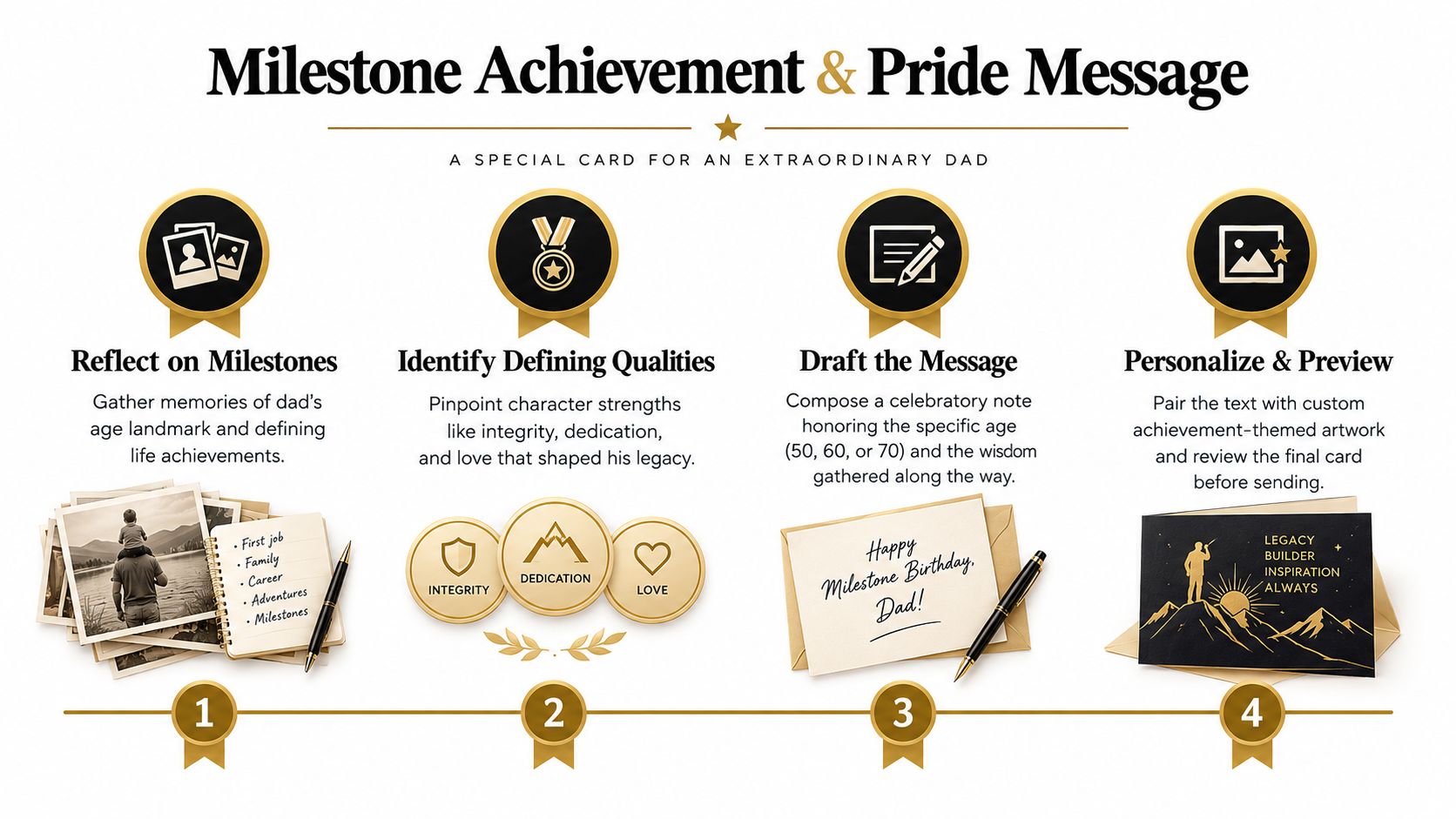 A four-step infographic illustrating how to create a meaningful milestone birthday card for a special dad.