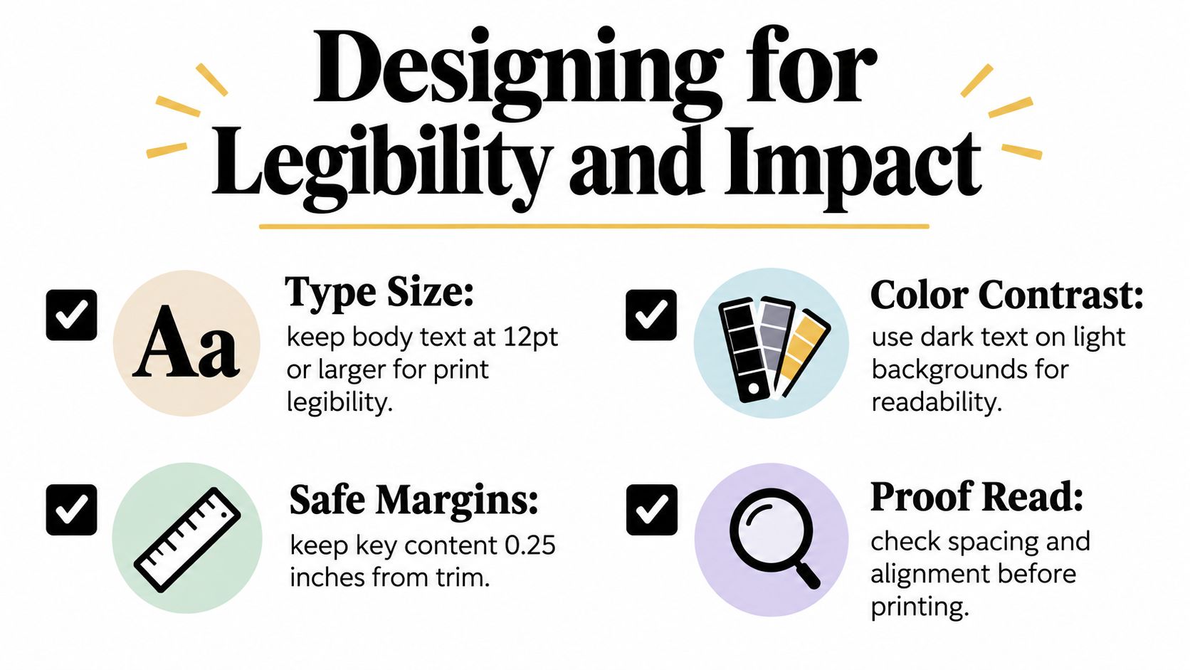 An infographic titled Designing for Legibility and Impact outlining essential tips for readable print designs.