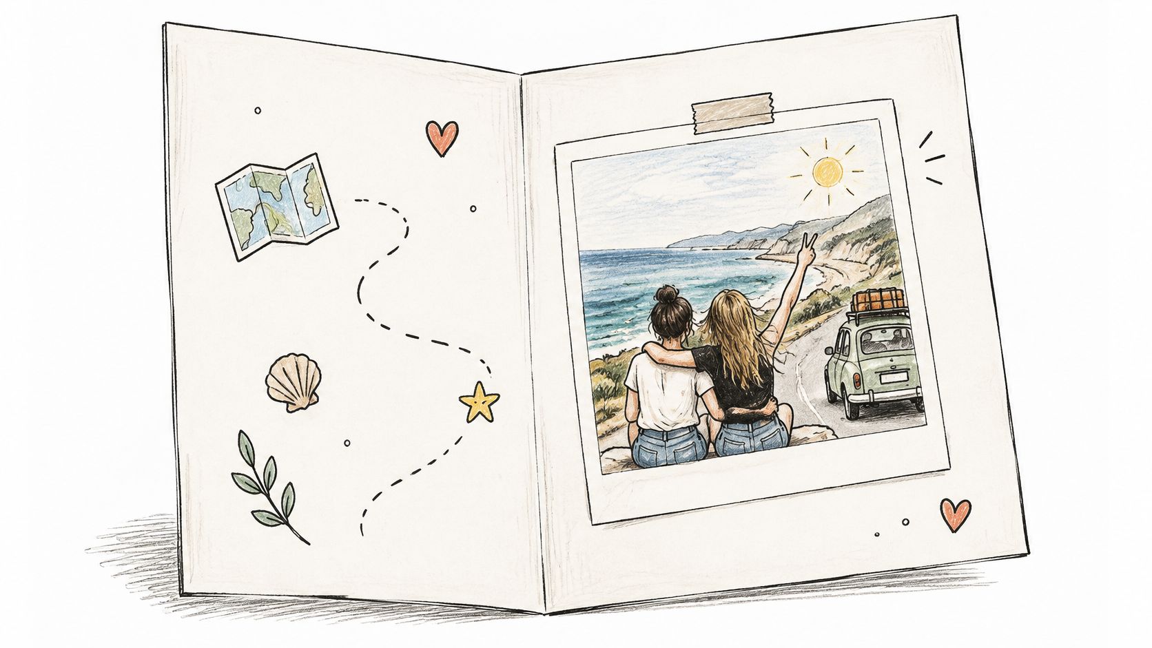 A hand-drawn greeting card illustration featuring an open scrapbook page with doodles and a polaroid of two friends.