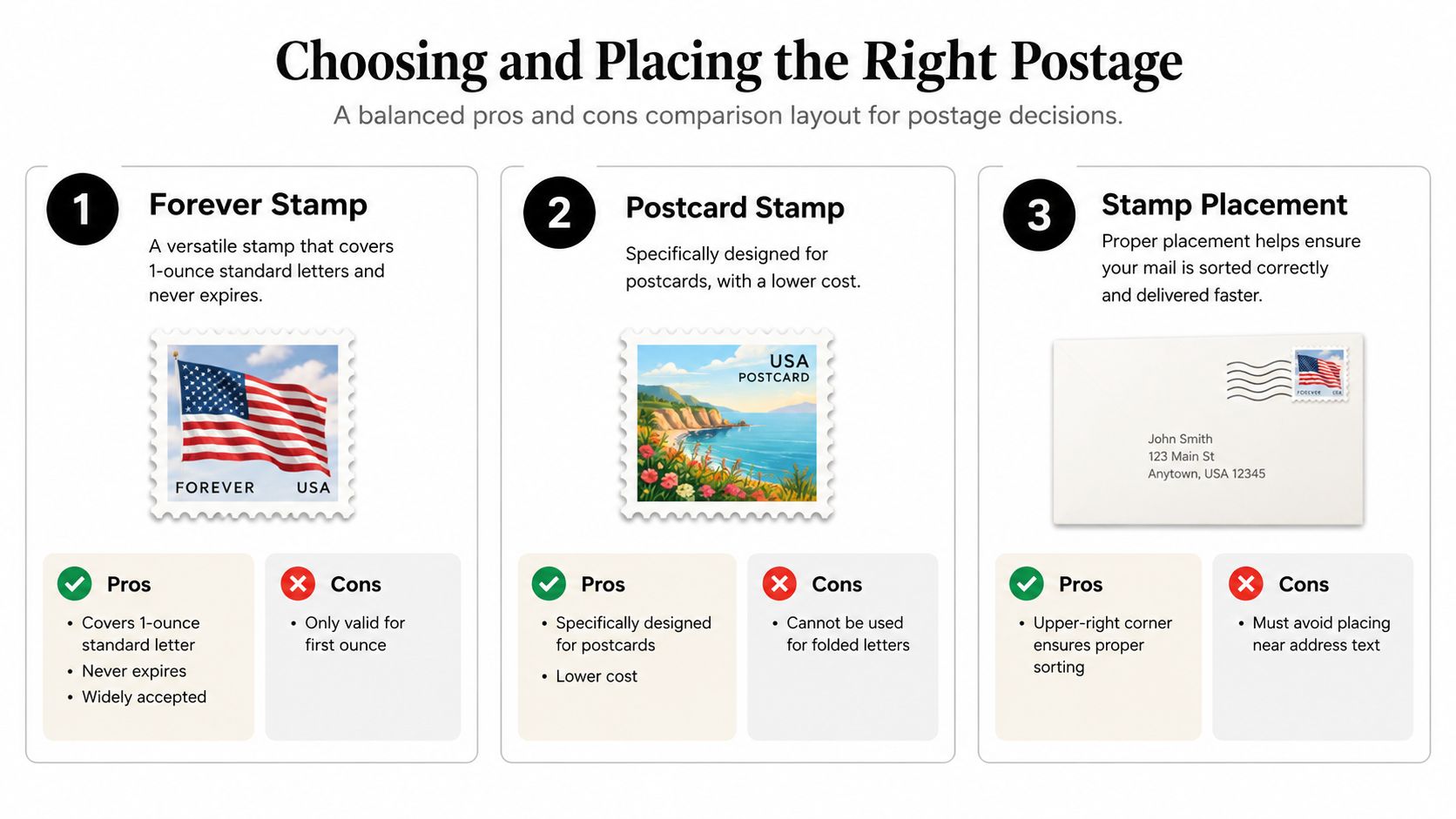 An informative guide detailing how to choose and correctly place stamps on letters and postcards.