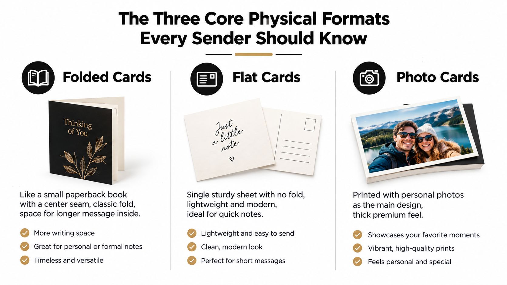 A graphic showing three types of greeting cards: folded cards, flat cards, and photo cards with their descriptions.