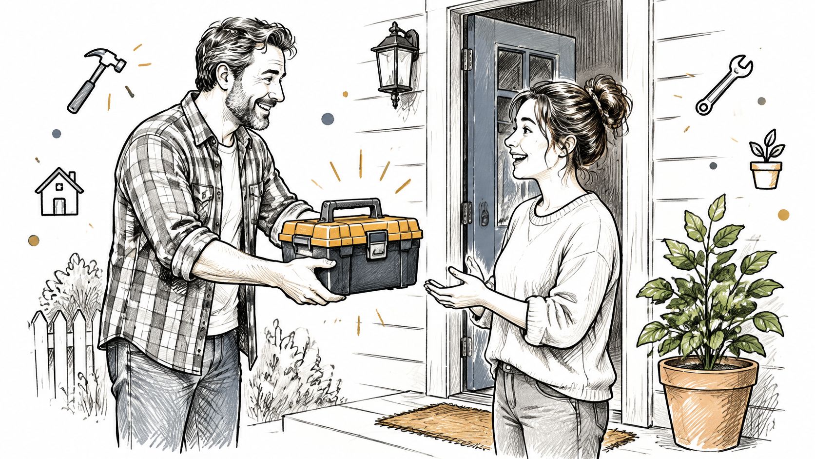 A friendly man handing a toolbox to a woman at her front door as a housewarming gift.