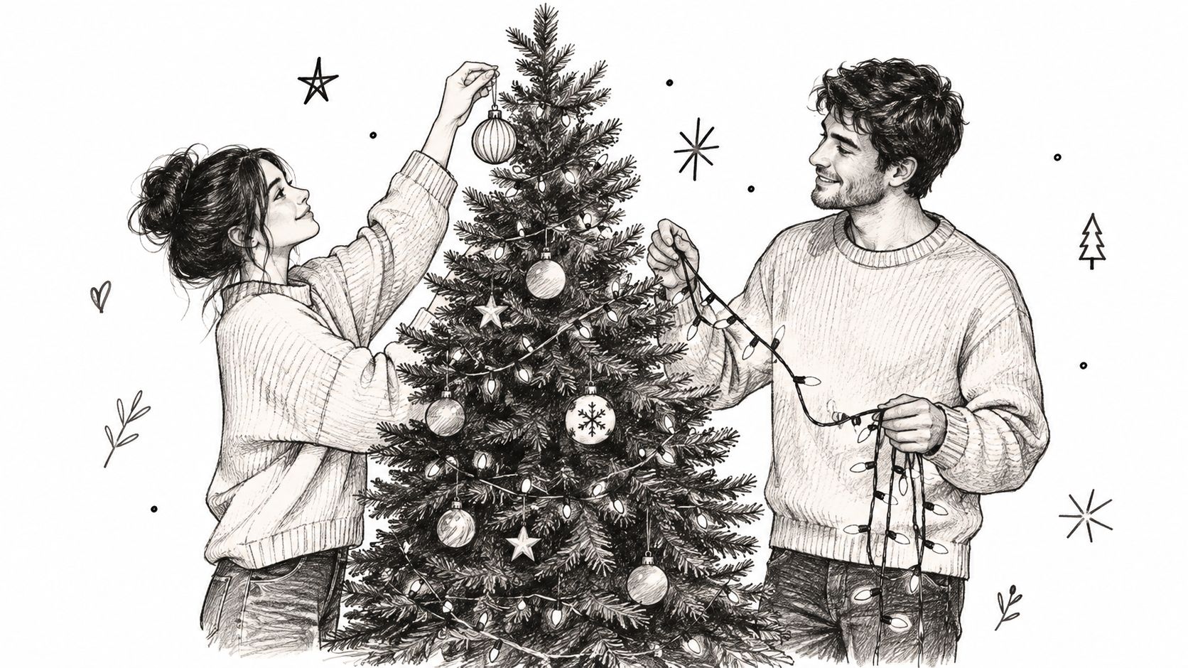 A sketched illustration of a happy couple decorating a Christmas tree with ornaments and string lights.