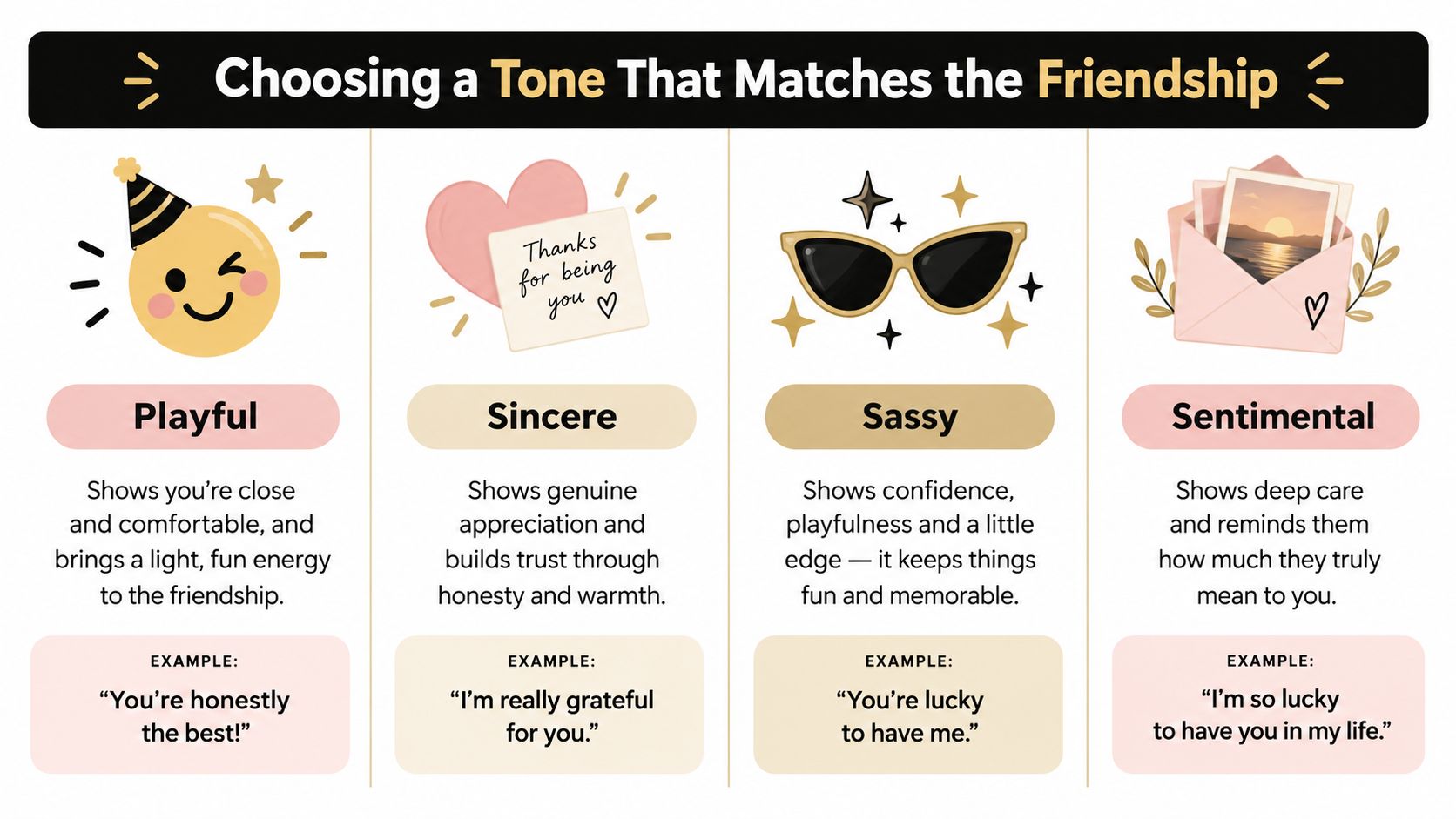 A chart illustrating four friendship tones: playful, sincere, sassy, and sentimental with descriptive examples for each.