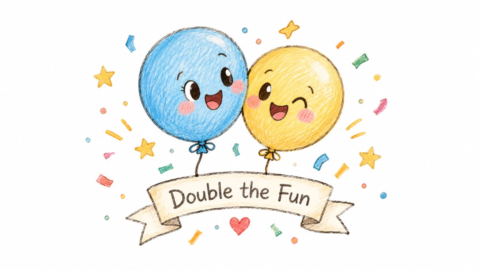 A colorful hand-drawn illustration of two cute balloons, blue and yellow, with the text Double the Fun.