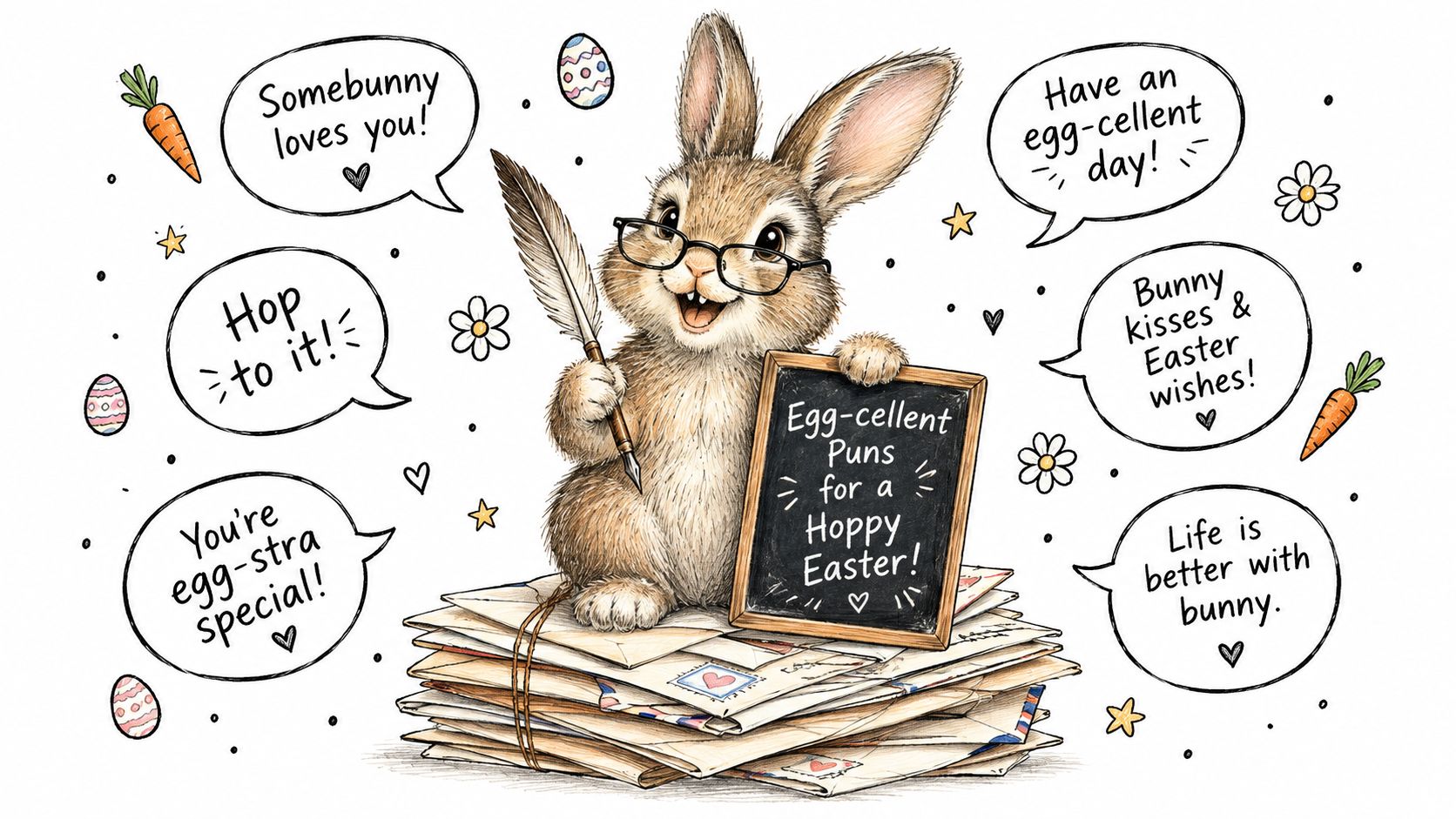 An adorable bunny wearing glasses sits on a stack of envelopes, writing humorous Easter-themed greeting card messages.