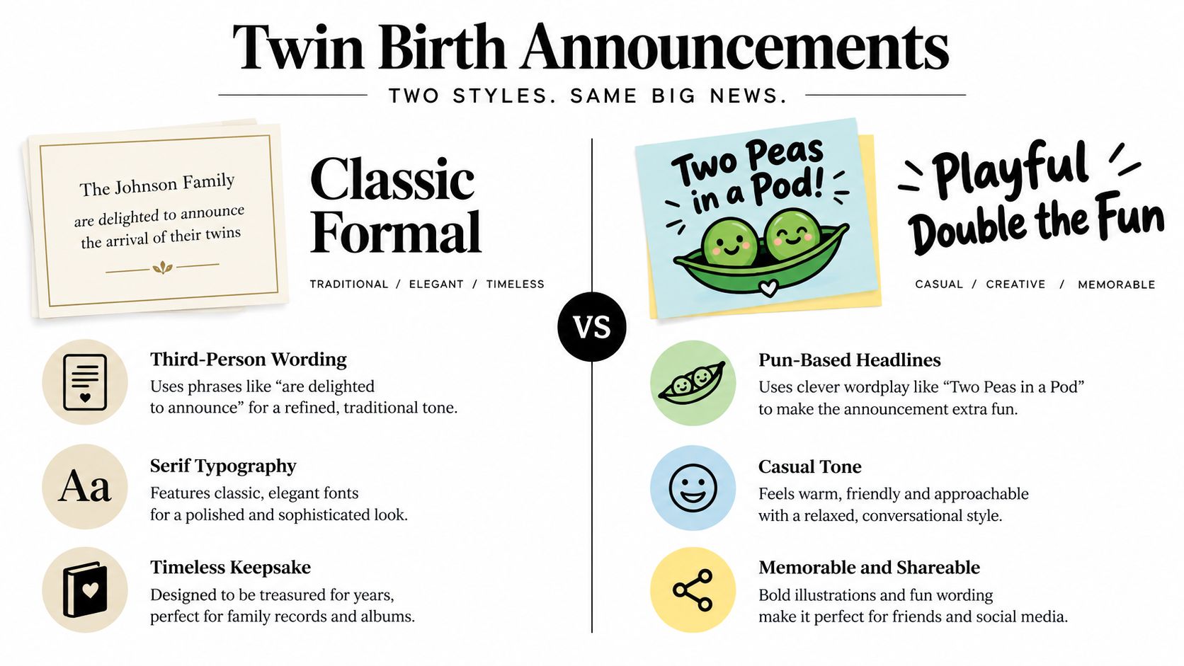 A comparison infographic between classic formal and playful twin birth announcement styles for new parents.