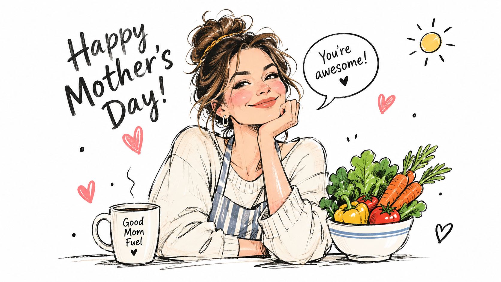 A cheerful illustration of a woman smiling with a coffee mug and a bowl of fresh vegetables.