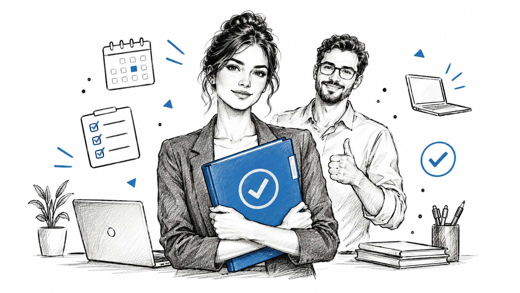 A professional woman holding a blue file folder with a colleague giving a thumbs up behind her.