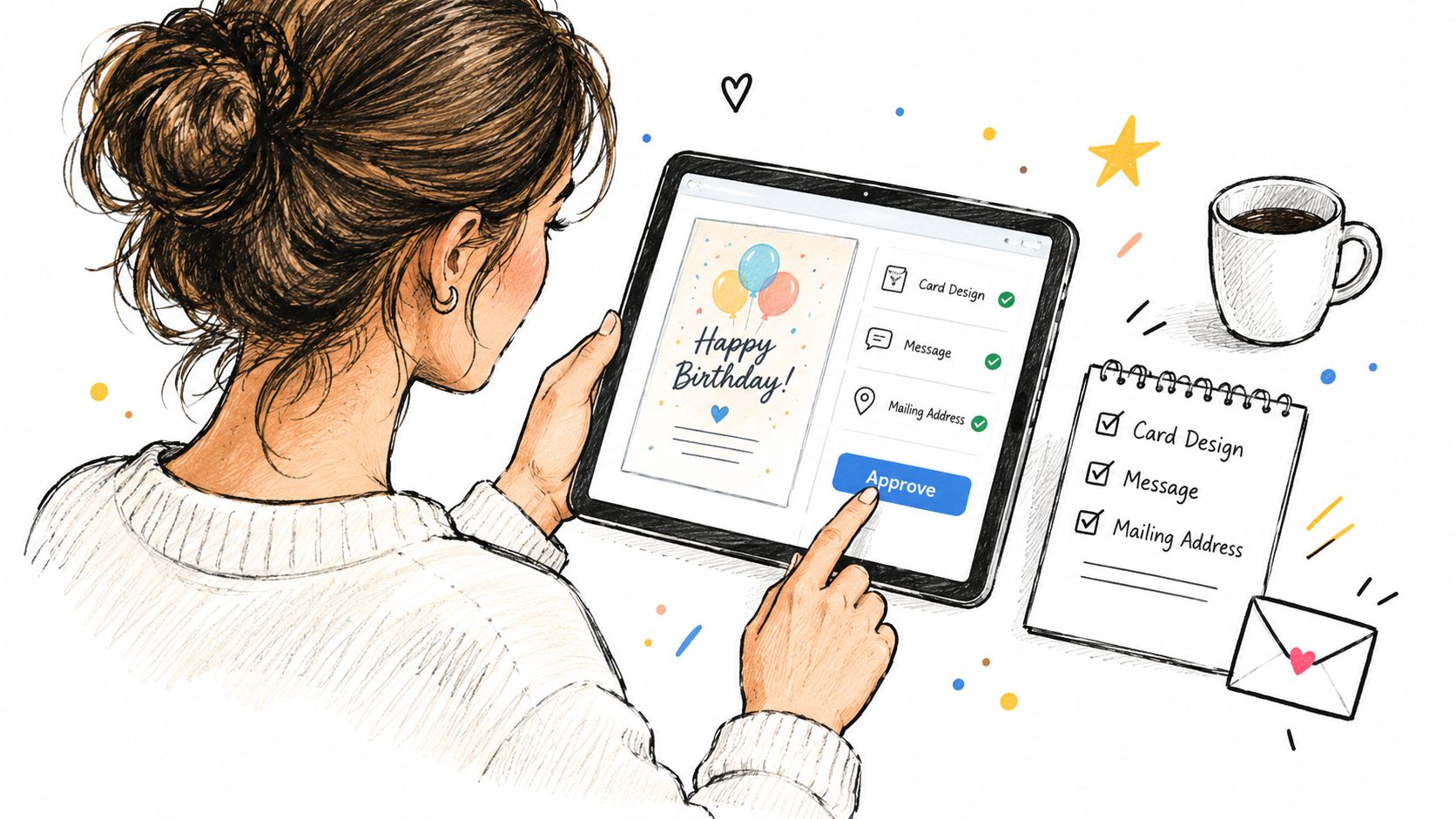A woman using a tablet to approve a personalized birthday card design with a checklist nearby.