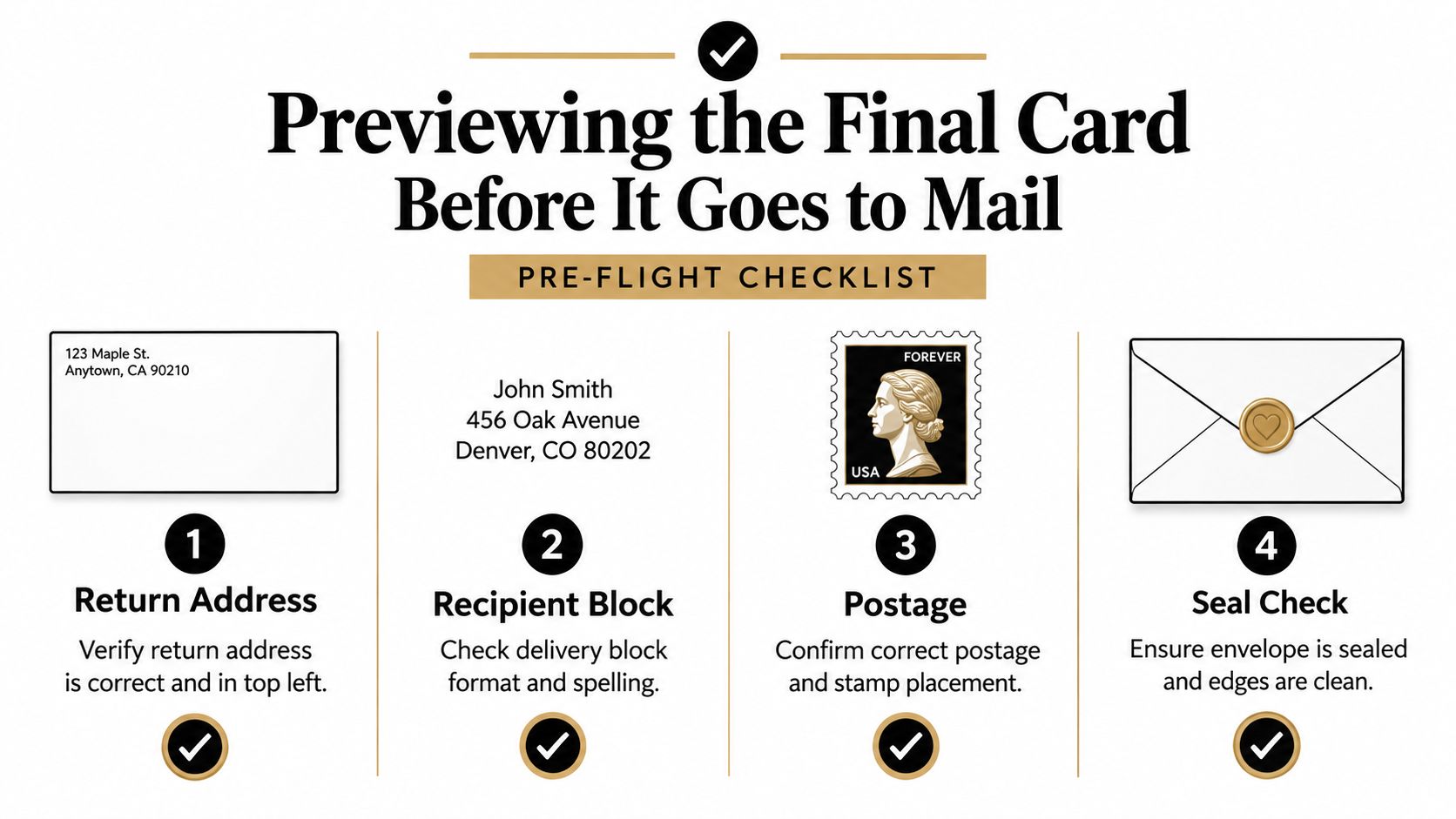 A checklist infographic illustrating four essential steps for preparing a greeting card to be mailed successfully.