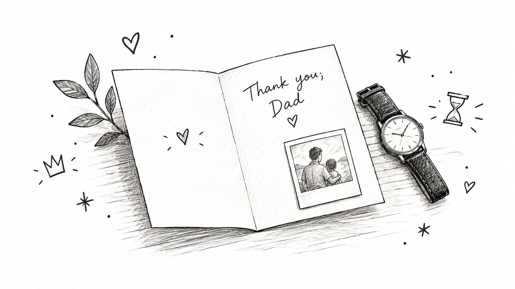 A pencil sketch of an open card that reads Thank you, Dad, with a watch and decorations.