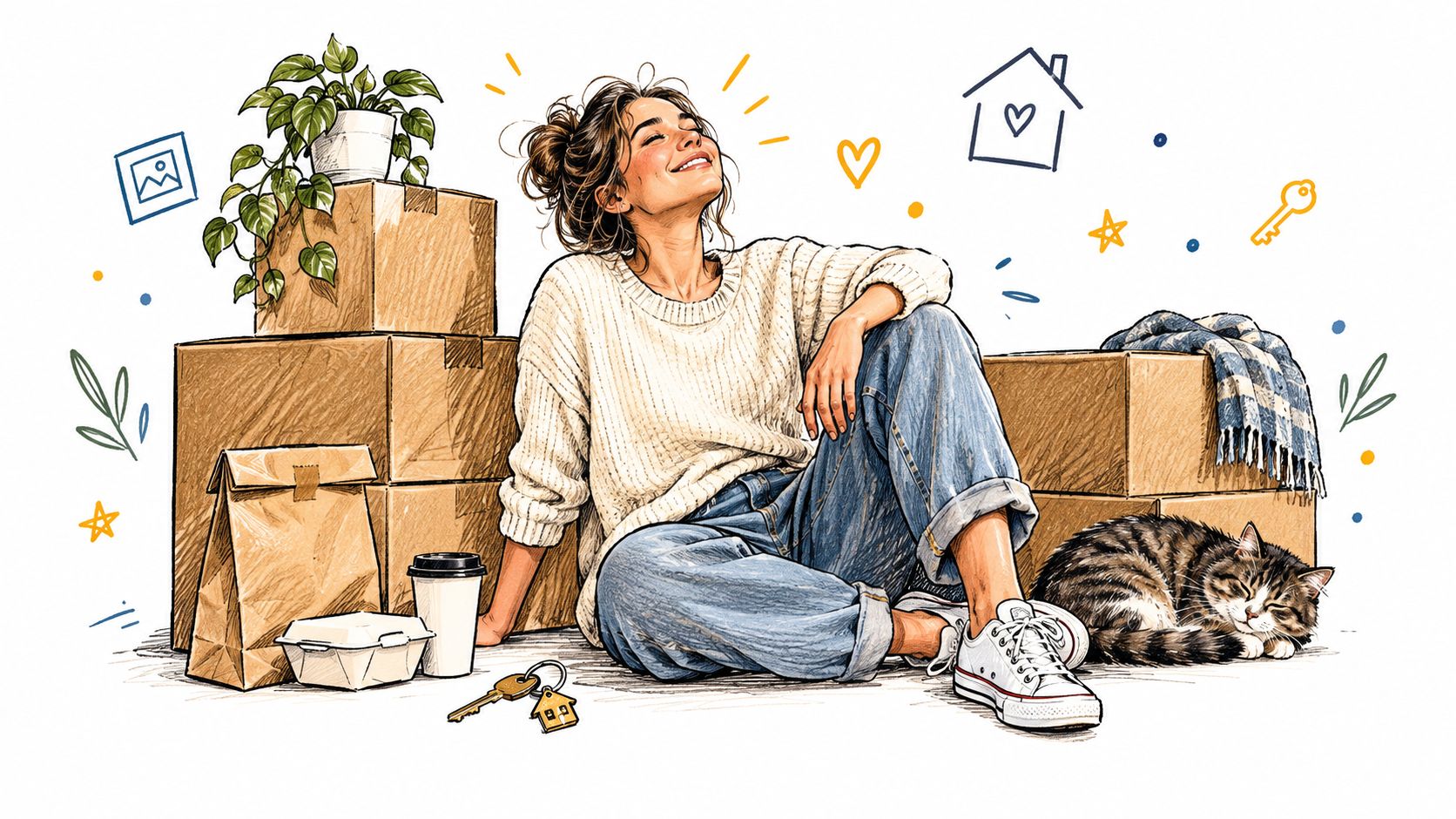 A happy woman sitting on the floor surrounded by moving boxes, enjoying her new home with a cat.