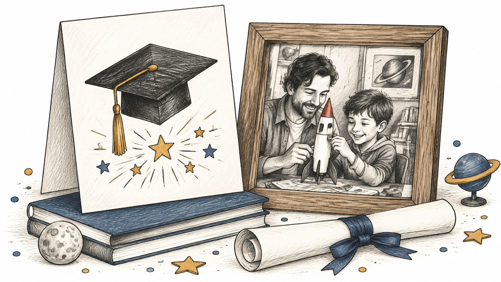 A graduation card, a framed photo of a father and son with a rocket, and a rolled diploma.