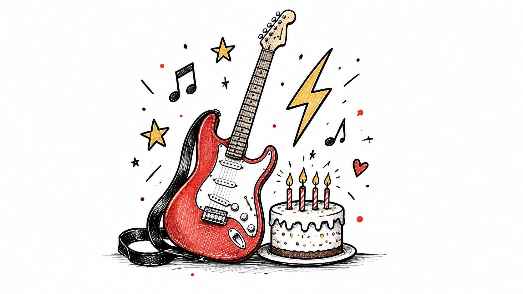 A hand-drawn illustration featuring a red electric guitar and a birthday cake with four lit candles.