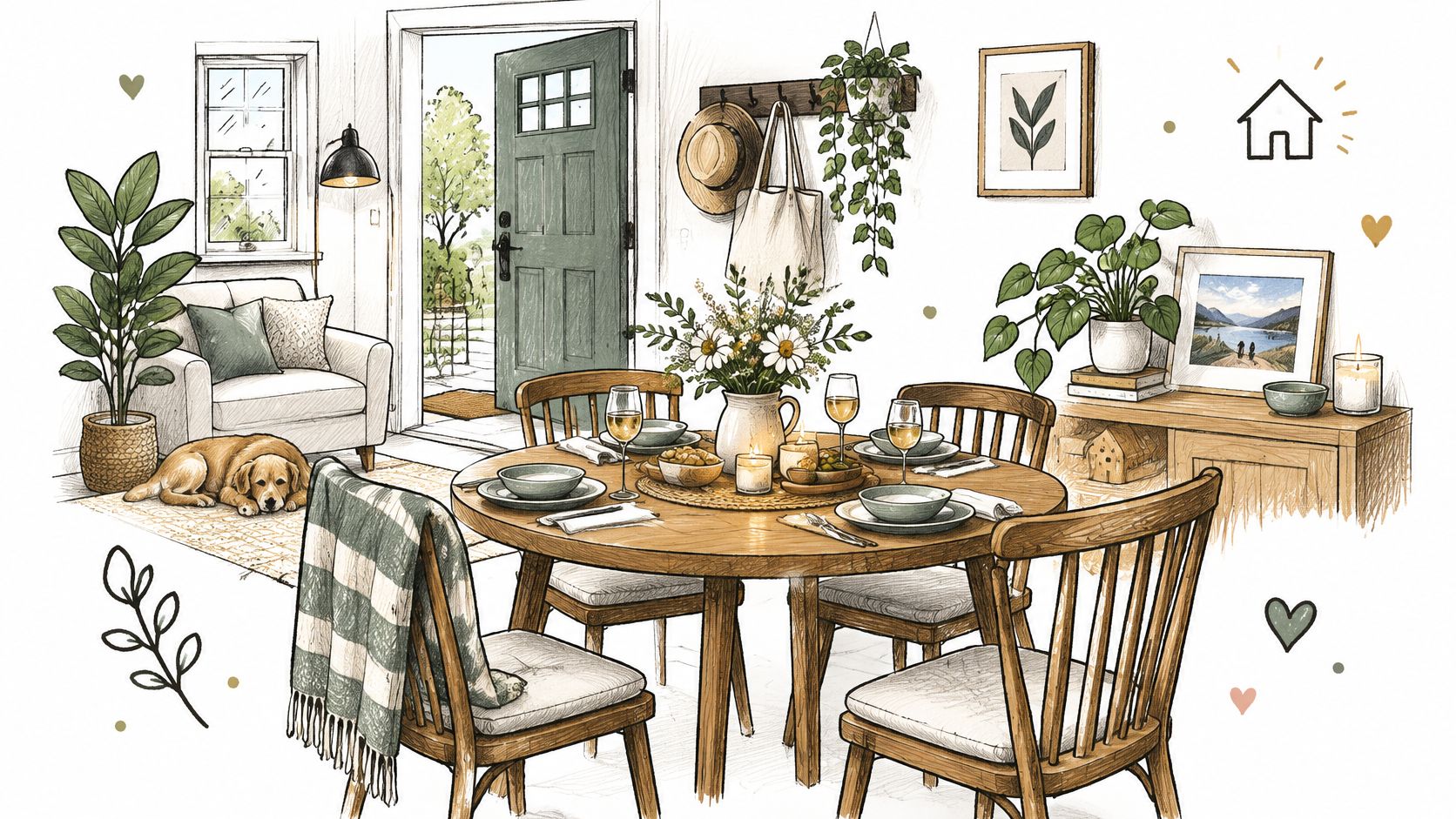 A cozy, hand-drawn illustration of a dining room with a wooden table, chairs, a dog, and home decor.