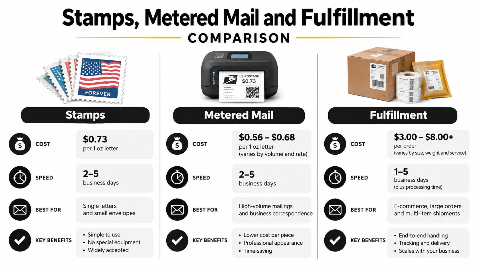 A comparison chart showing costs, speeds, best uses, and key benefits for stamps, metered mail, and fulfillment services.