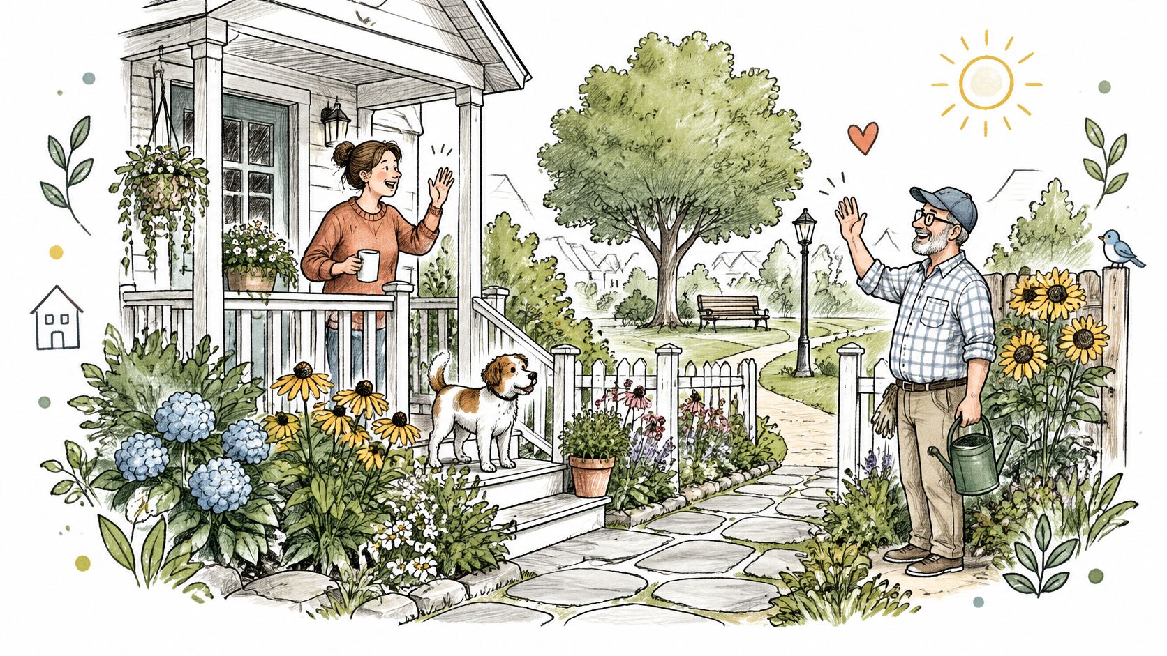 A friendly illustration of a woman on her porch waving to a neighbor gardening in the yard.