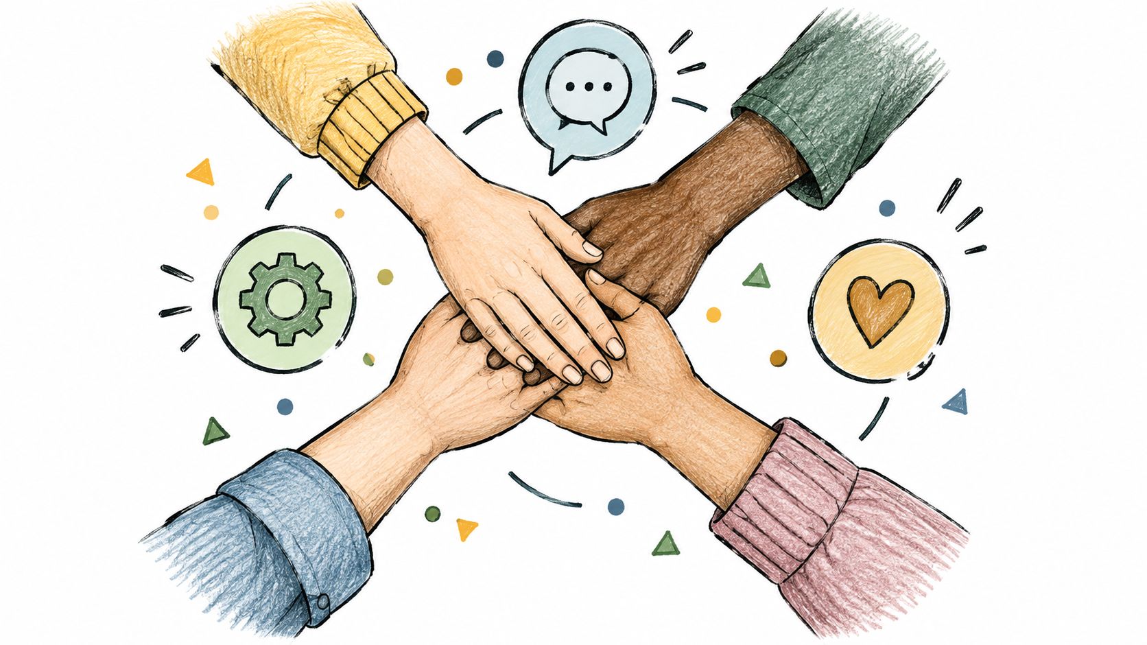 A hand-drawn illustration showing four people with different skin tones stacking their hands together in unity.