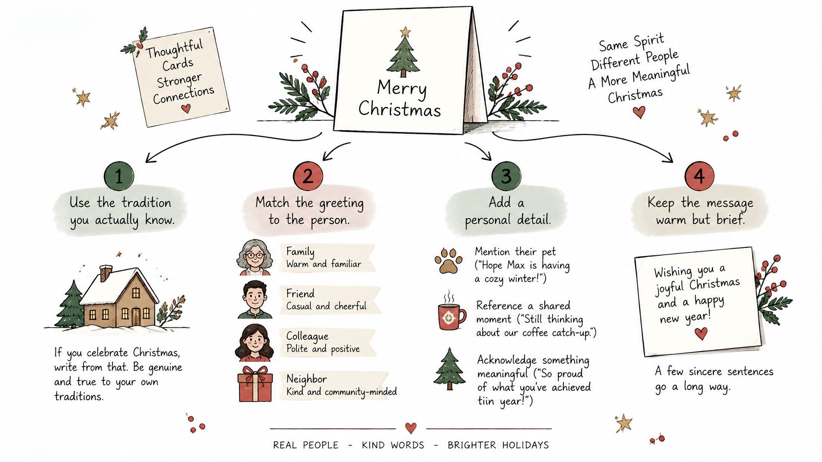 A guide infographic illustrating four steps to writing thoughtful and meaningful Christmas greeting cards for different people.