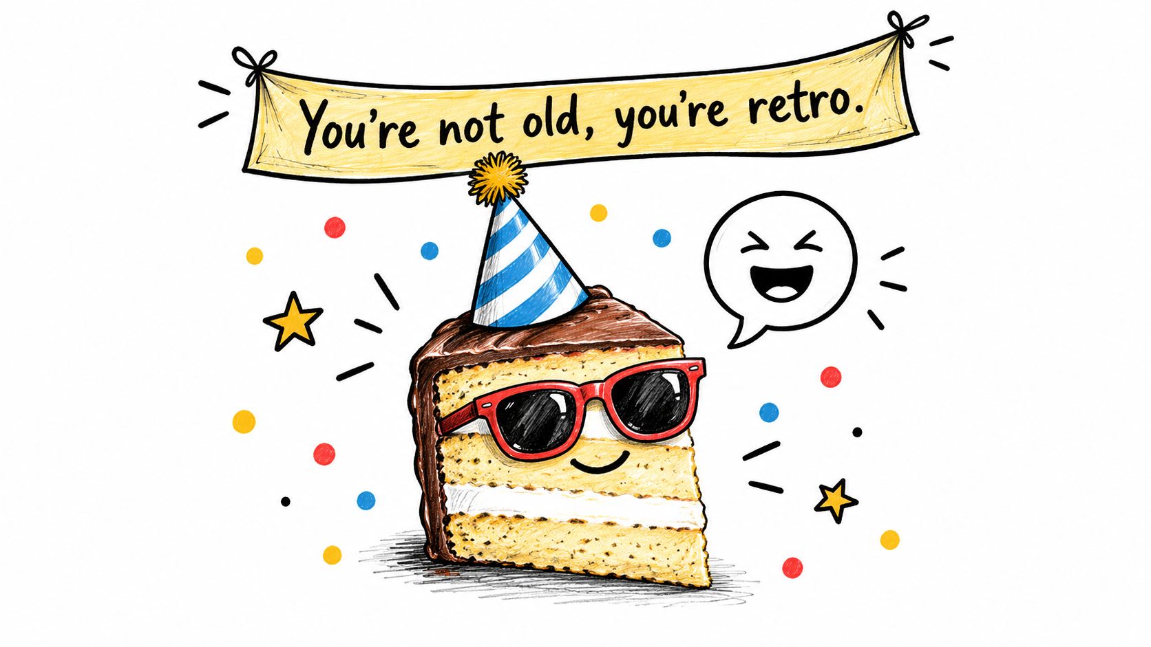 A fun cartoon slice of cake wearing sunglasses and a birthday hat, with a retro banner above.