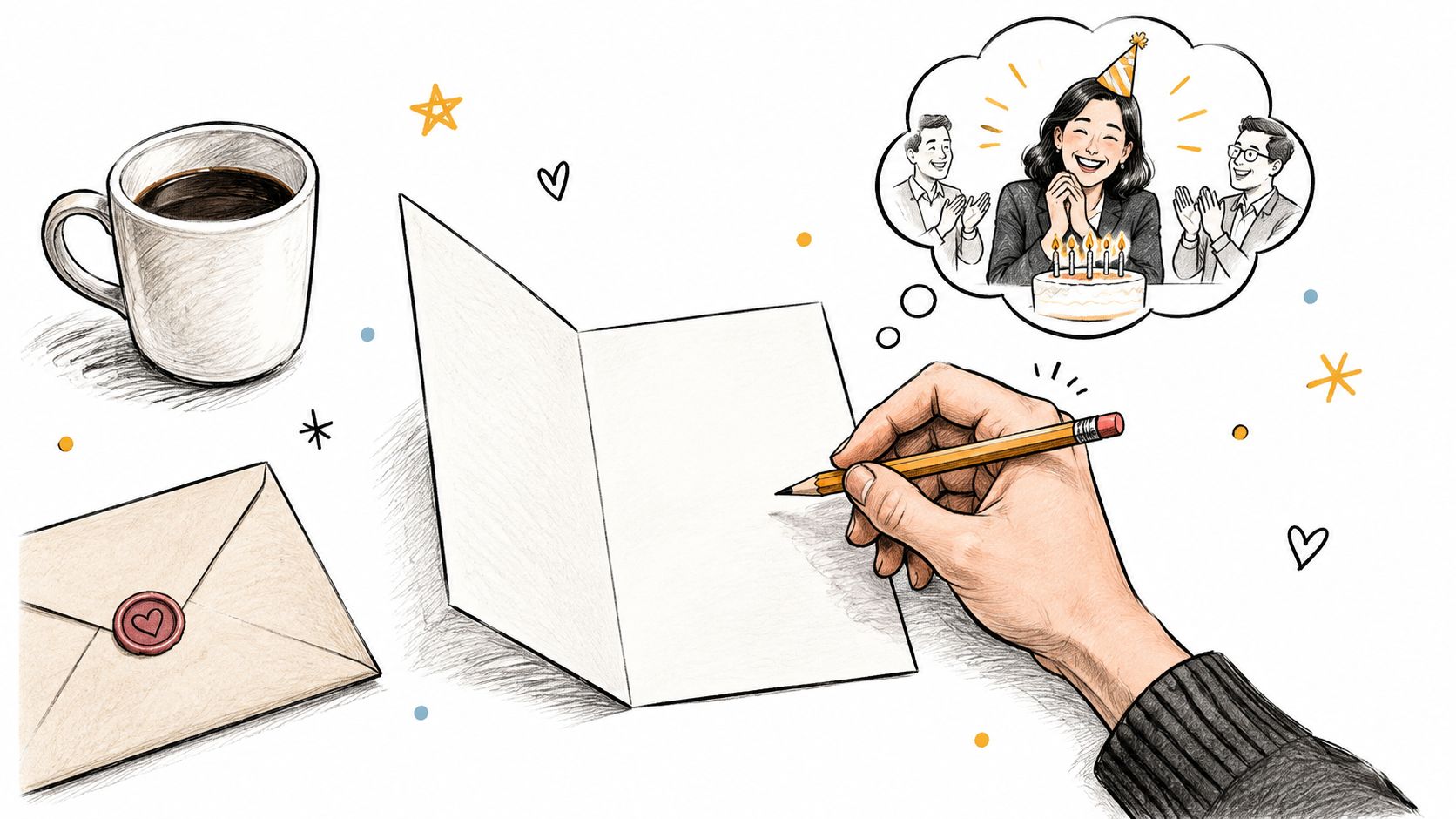 A person writes a birthday message in a greeting card while imagining a celebratory office party.