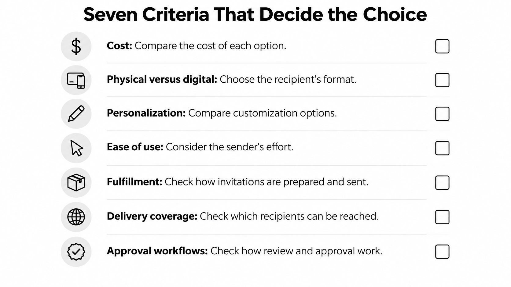 A list titled Seven Criteria That Decide the Choice featuring seven business evaluation factors with icons.