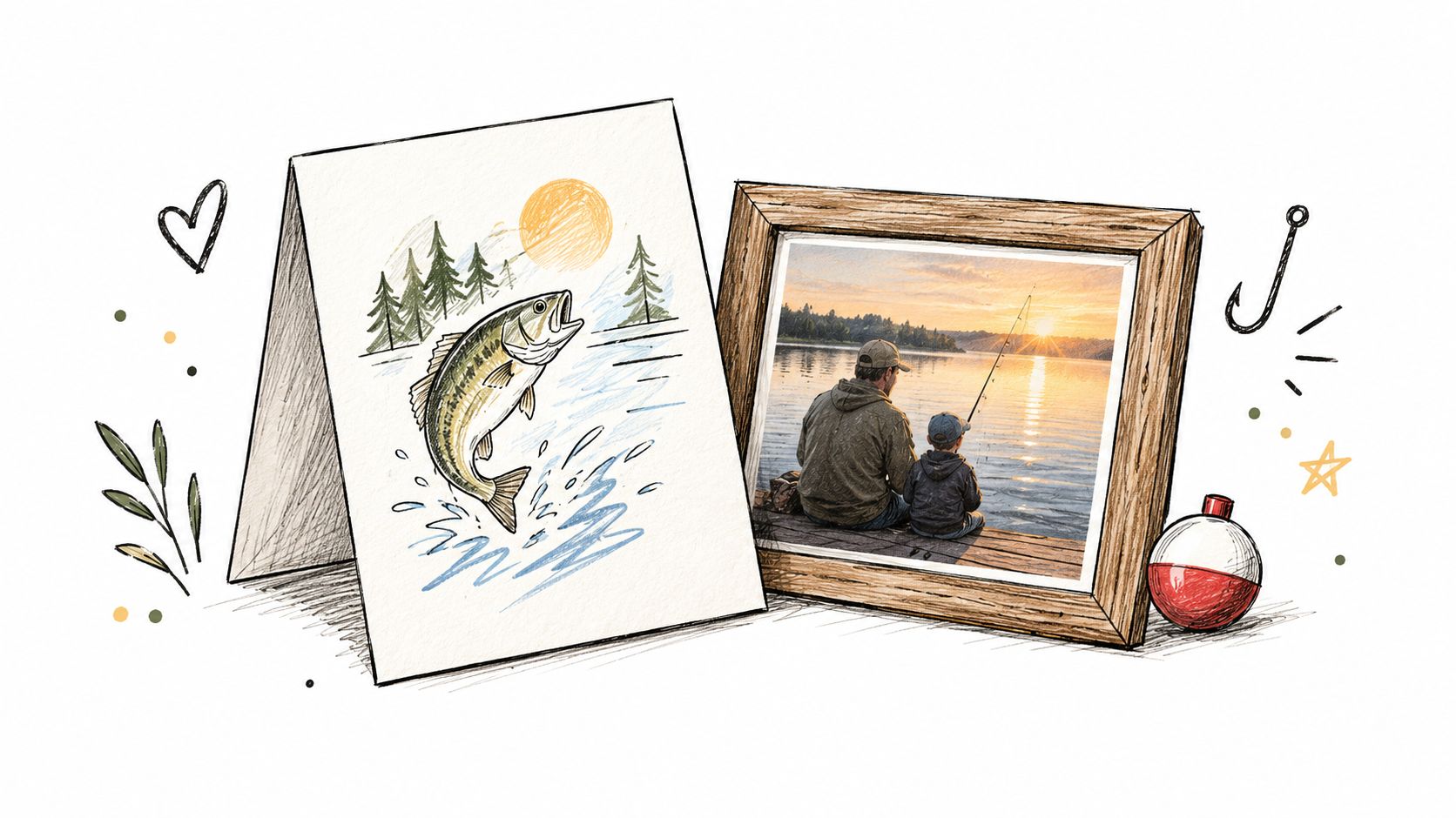 A hand-drawn greeting card with a fish and a framed photo of a father and son fishing.