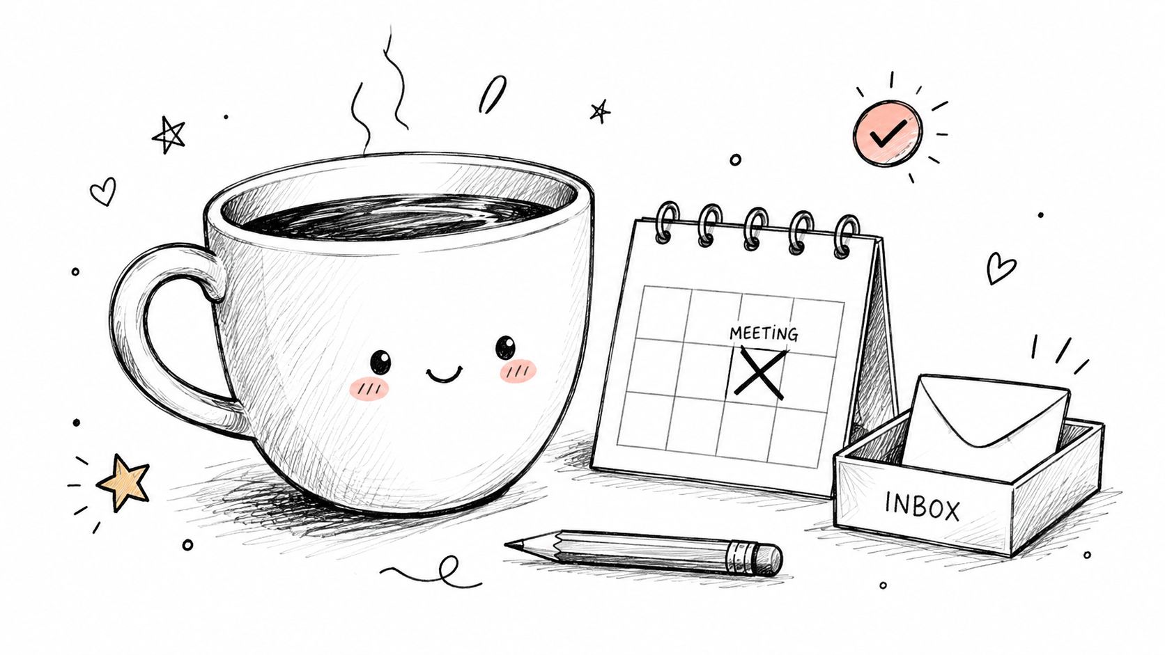 A cute drawing featuring a steaming coffee cup, a desk calendar marked meeting, and an inbox tray.