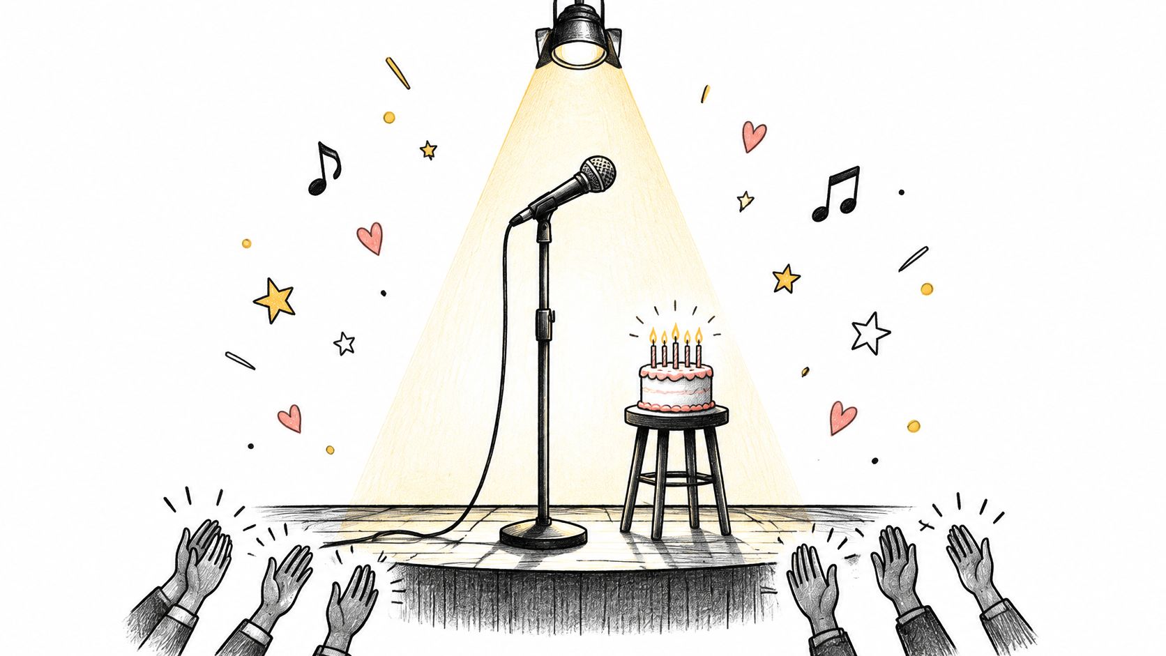 A microphone on a stage with a birthday cake on a stool, surrounded by cheering hands.