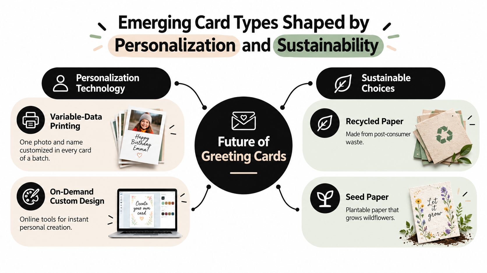 A diagram illustrating the future of greeting cards, featuring personalization technology and sustainable material choices.