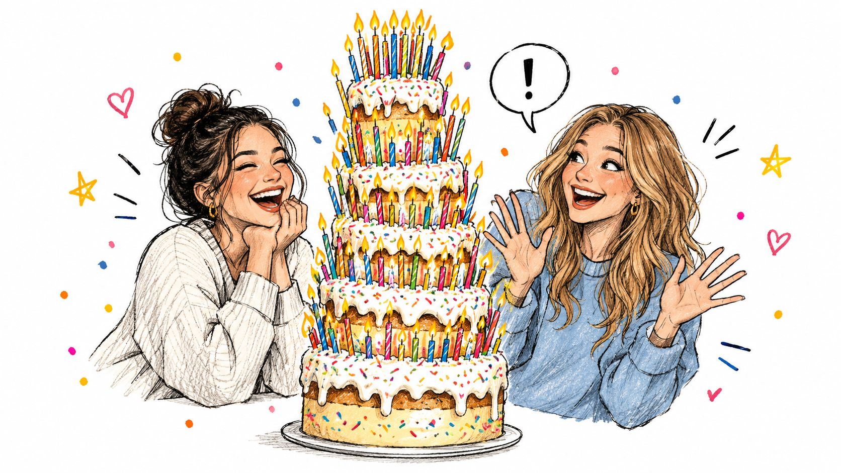 Two cheerful young women excitedly celebrating with a massive multi-tiered birthday cake covered in many lit candles.
