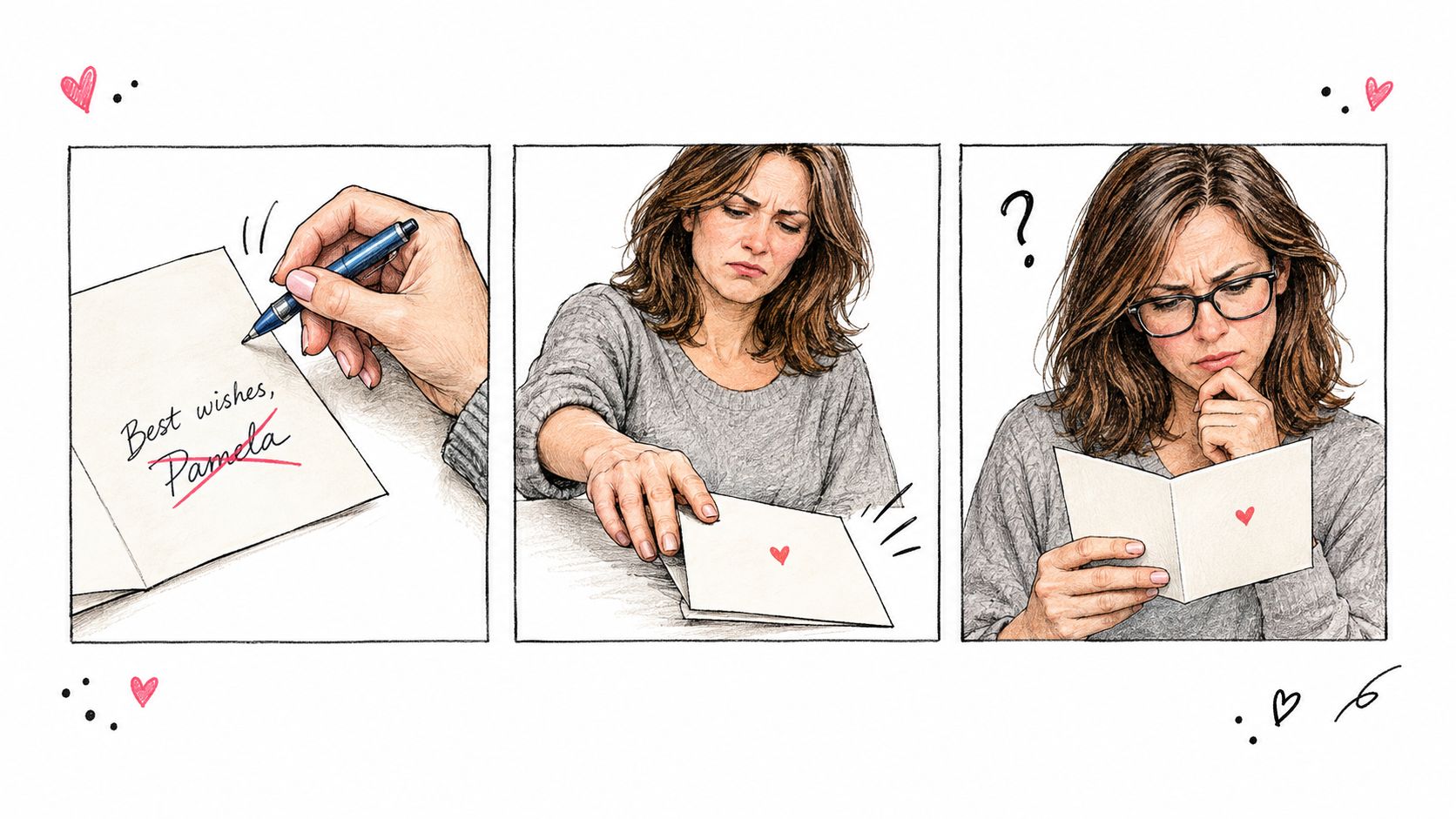 A three-panel illustration showing a woman writing a card, closing it, and looking confused while reading it.