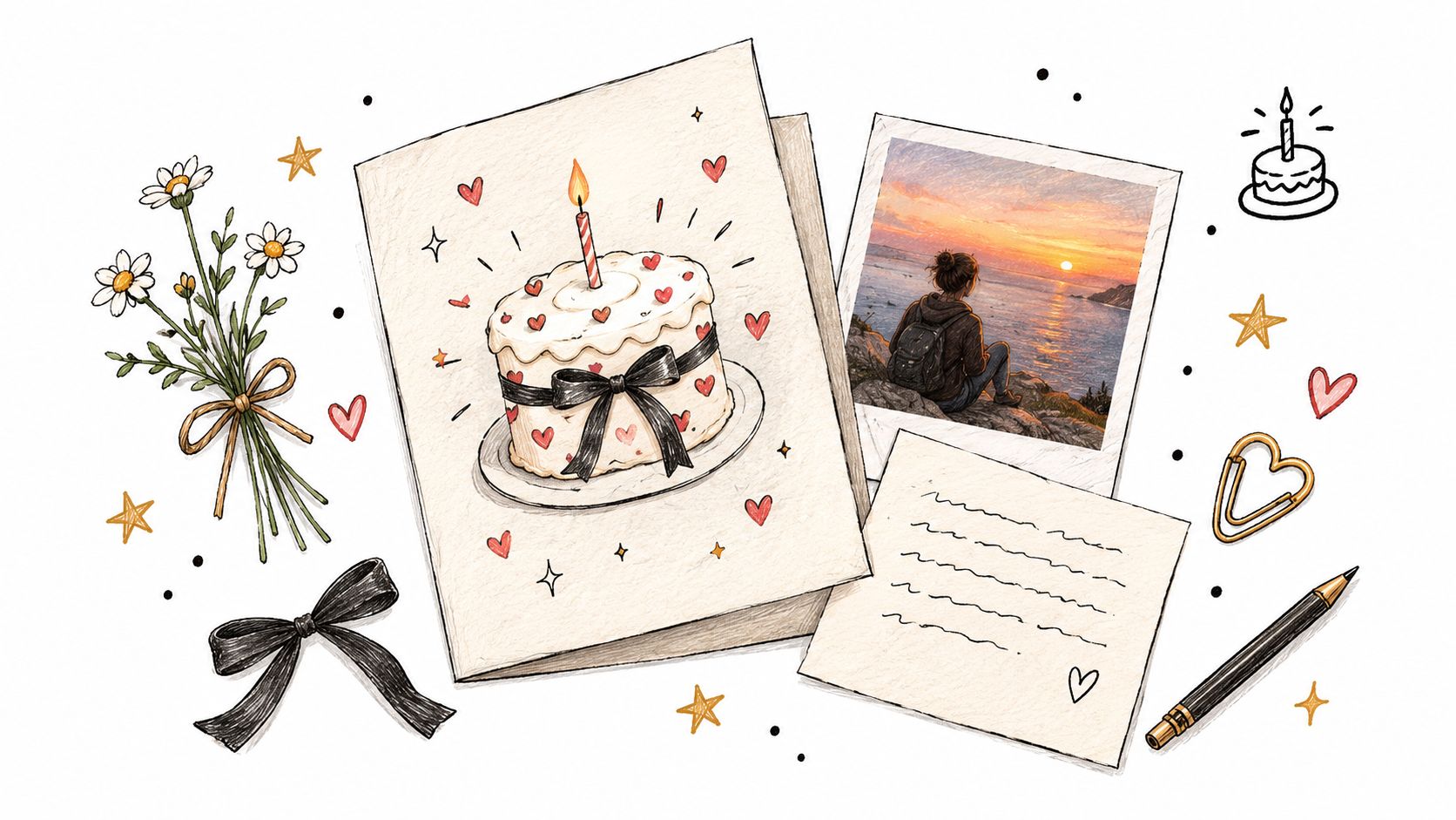 A birthday card, a photograph of a person watching a sunset, flowers, a pen, and stationery.