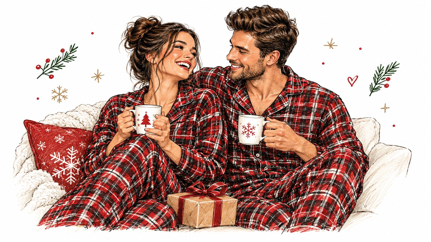 A happy couple wearing matching red plaid pajamas drinking hot cocoa while sitting on a cozy couch.