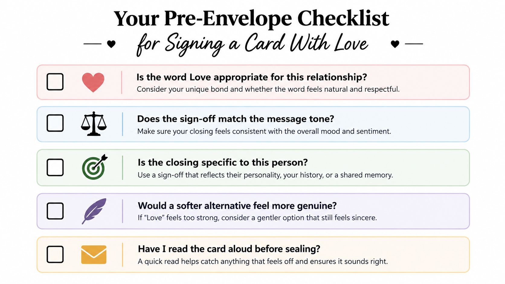 A checklist infographic titled Your Pre-Envelope Checklist for Signing a Card With Love with five tips.