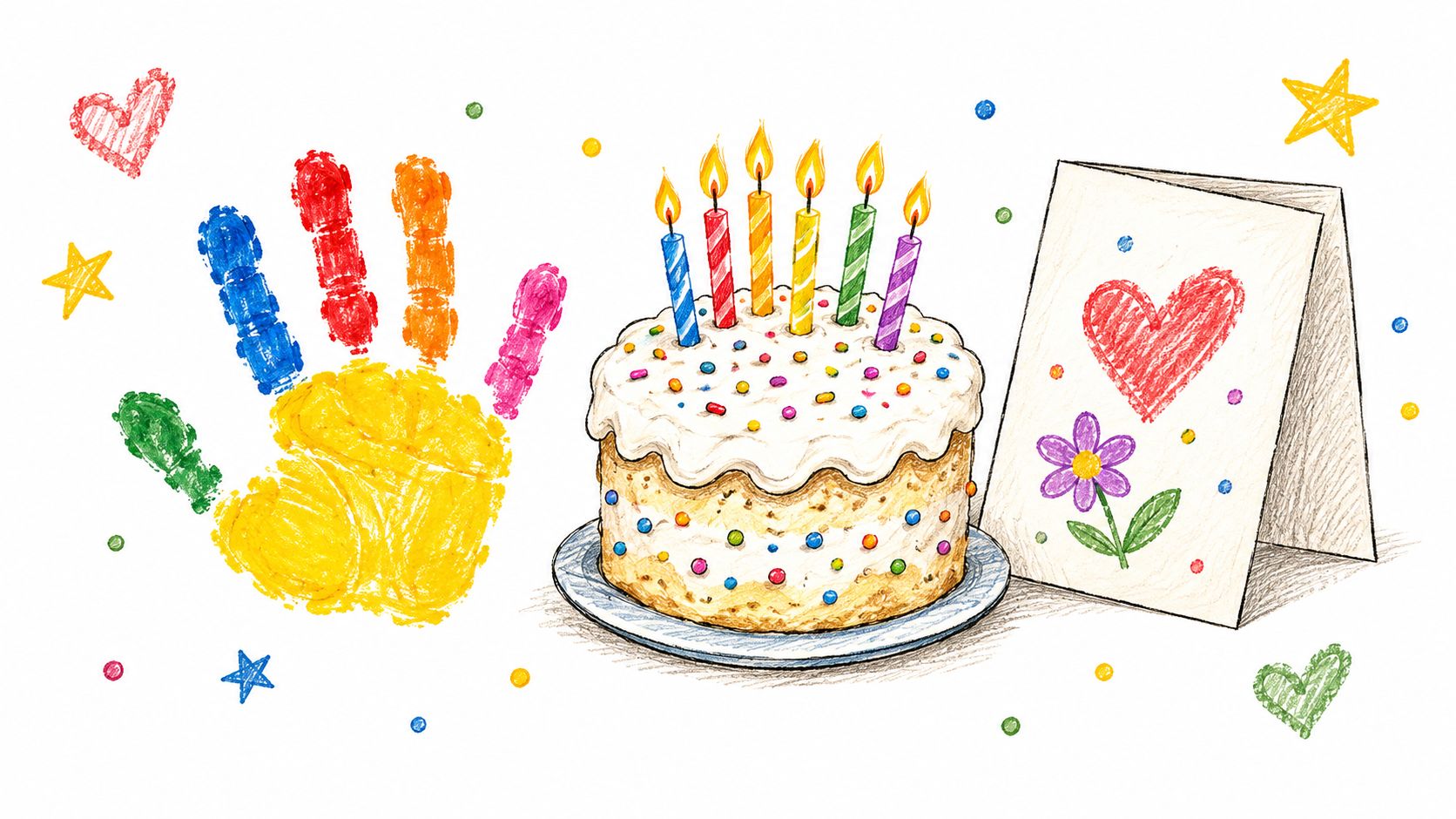Colorful handprint painting, a birthday cake with lit candles, and a handmade greeting card on white.