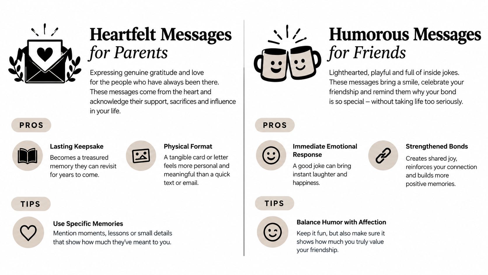 A comparison guide for choosing between heartfelt birthday card messages for parents and humorous messages for friends.