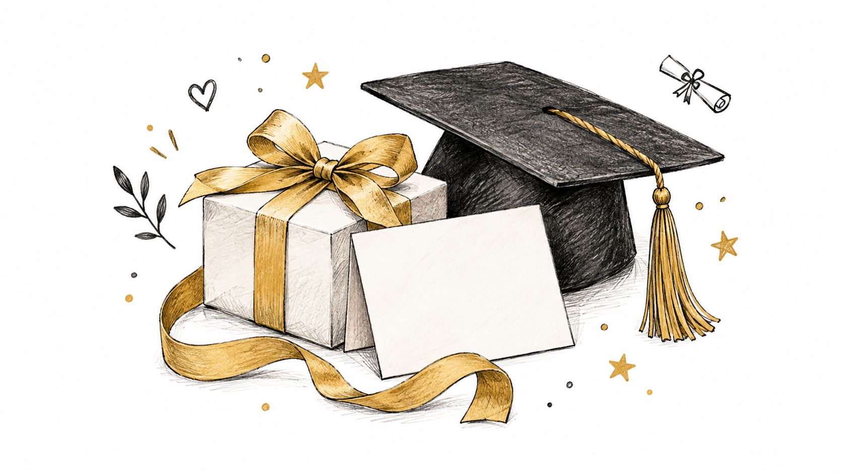 A pencil sketch of a graduation cap, a wrapped gift, and a blank greeting card with decorations.