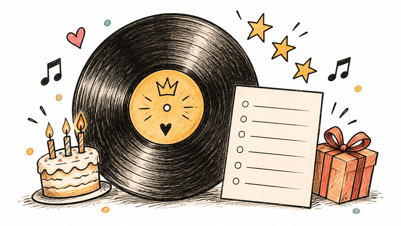 A hand-drawn illustration featuring a vinyl record, a birthday cake with candles, a gift box, and a checklist.