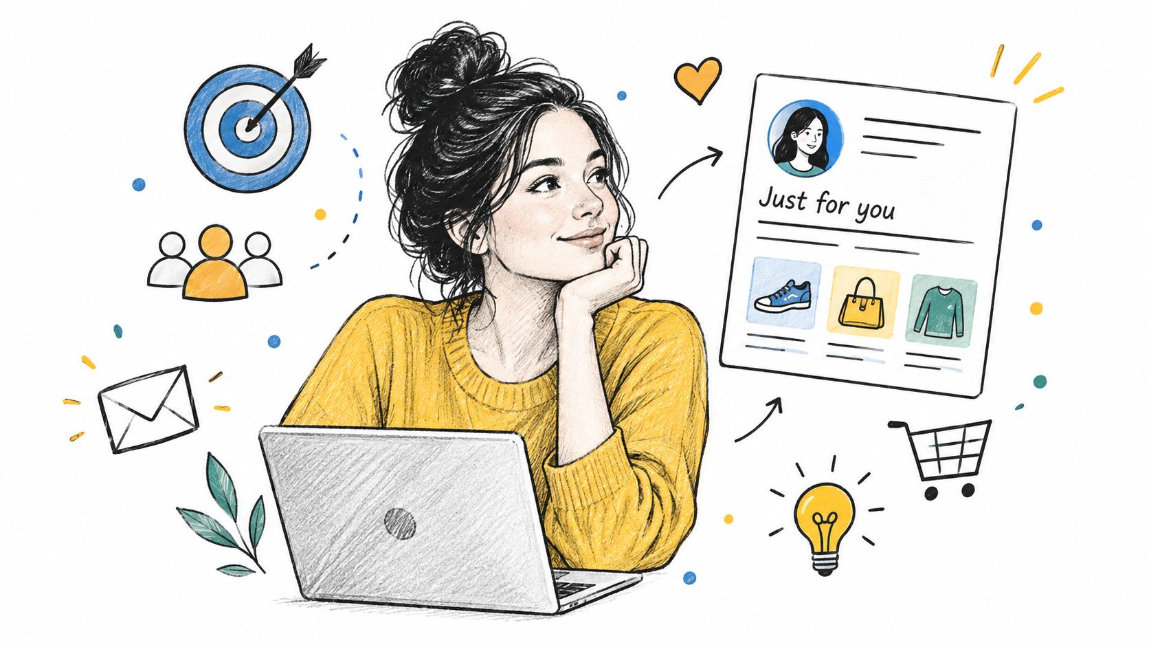 A woman using a laptop to view personalized online shopping recommendations with marketing and digital icons.