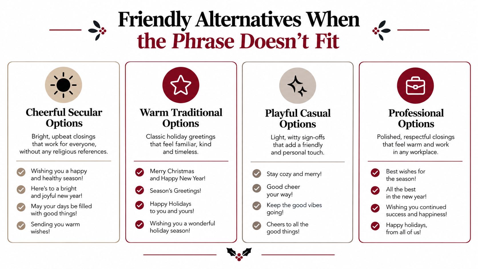 A graphic providing a list of friendly, inclusive alternatives for seasonal greeting cards and messages.