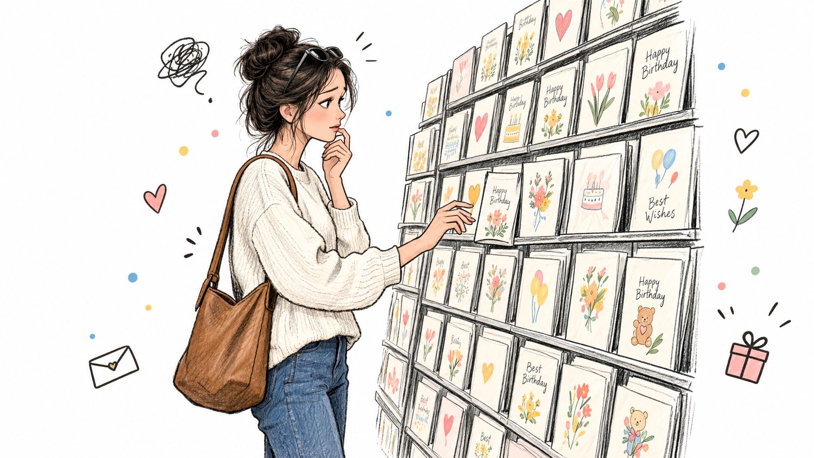 A young woman wearing a sweater and jeans browses a store shelf full of colorful greeting cards.