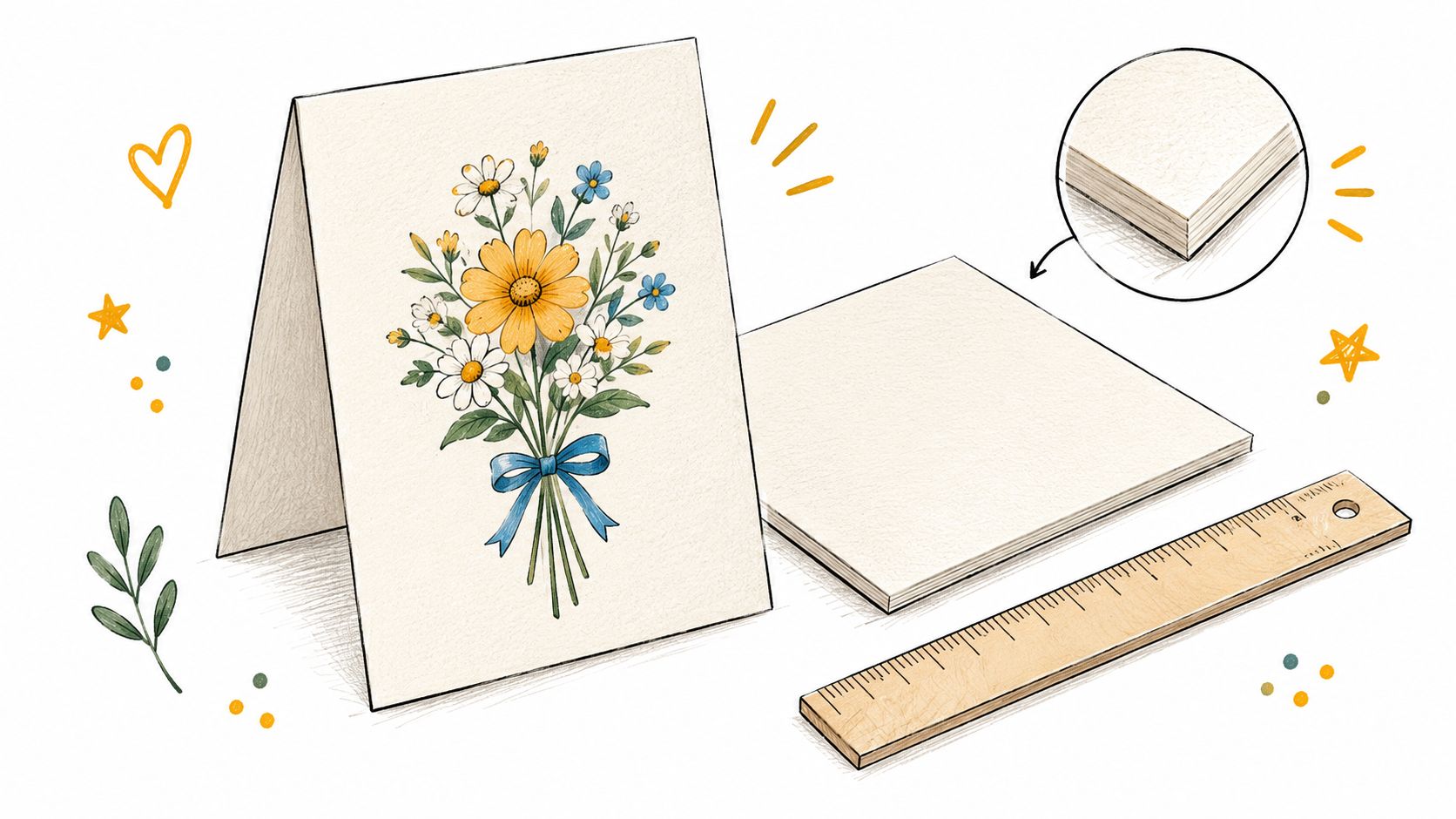 A hand-drawn illustration showing a greeting card with flowers, a stack of paper, and a wooden ruler.
