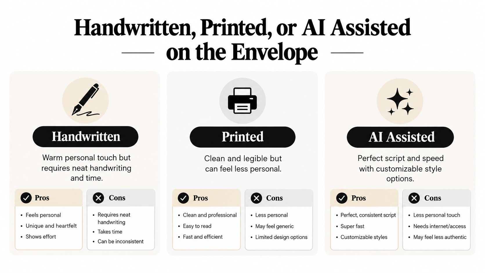 A comparison chart outlining the pros and cons of using handwritten, printed, or AI-assisted envelope addressing methods.