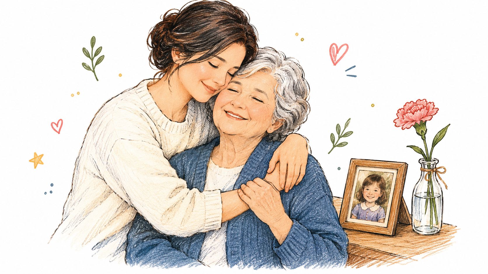 A warm, artistic illustration of an adult daughter affectionately hugging her smiling, silver-haired mother with love.