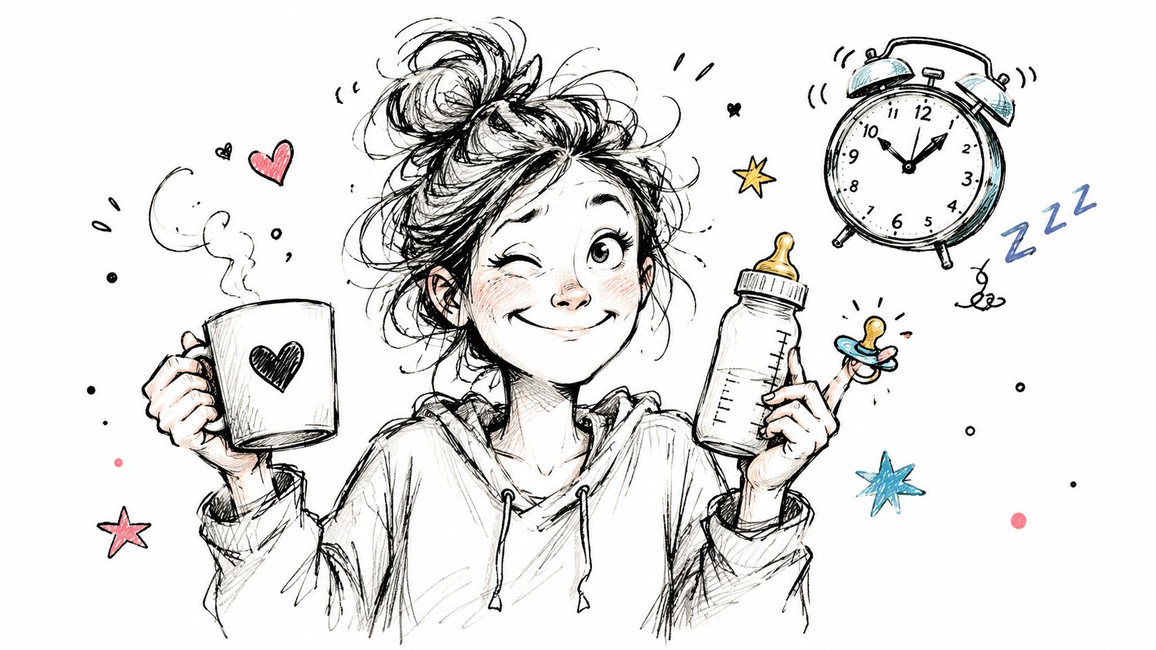 A whimsical sketch of a cheerful, tired mother holding a coffee mug and a baby bottle.